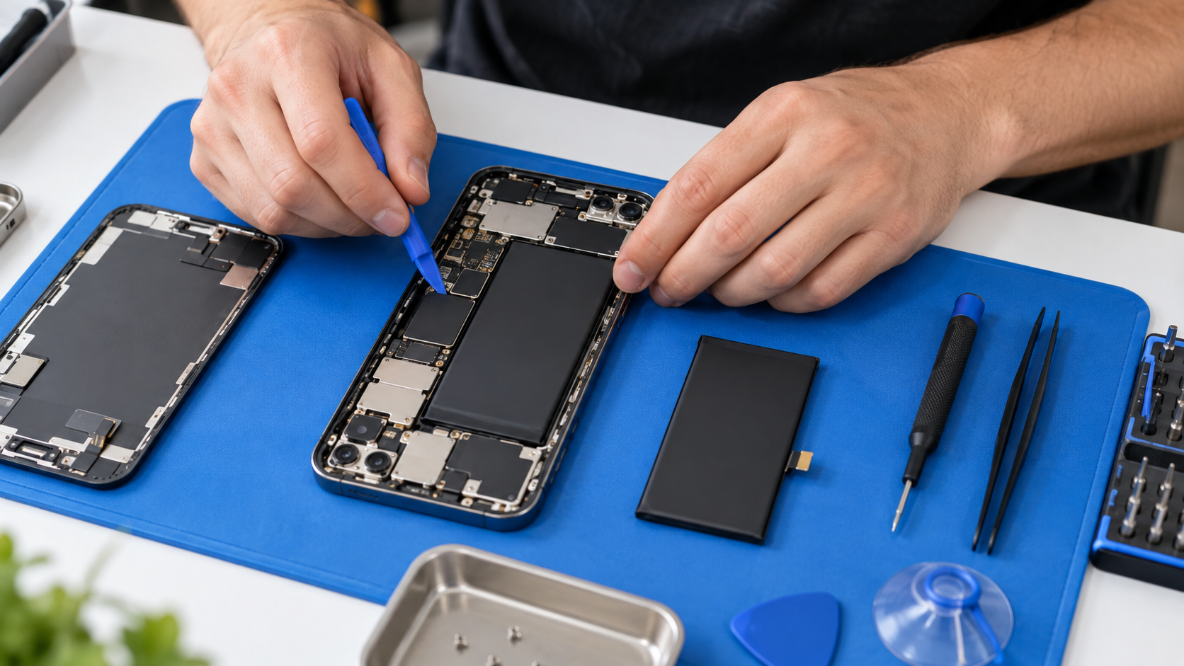 Technician replacing a smartphone battery using professional hand tools