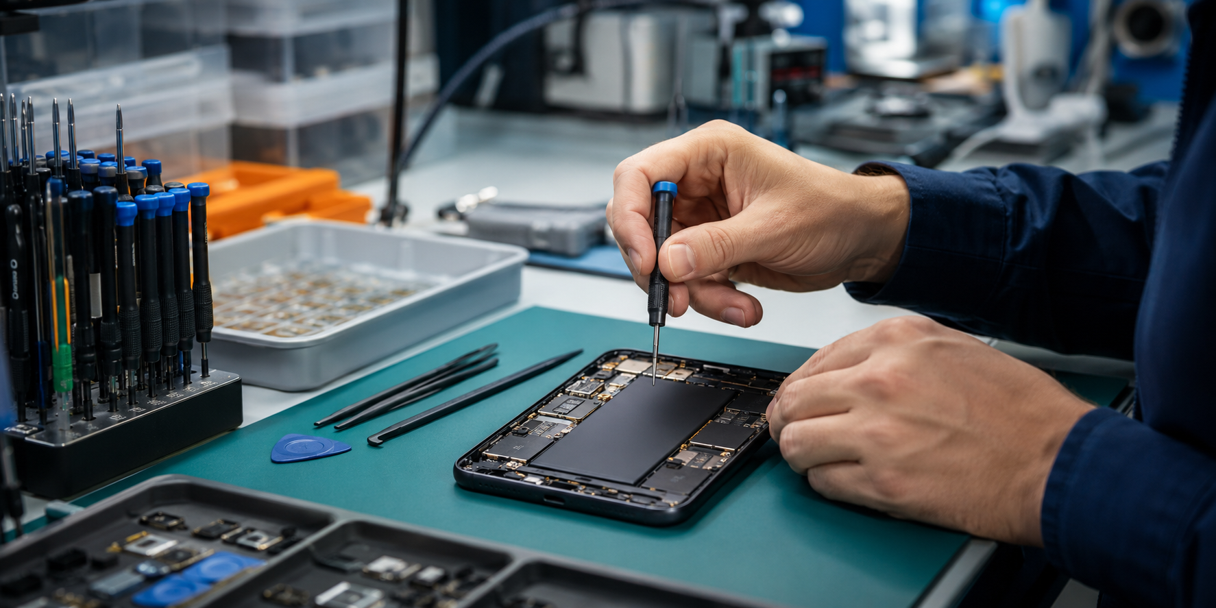 Organised phone repair bench and mobile phone accessories