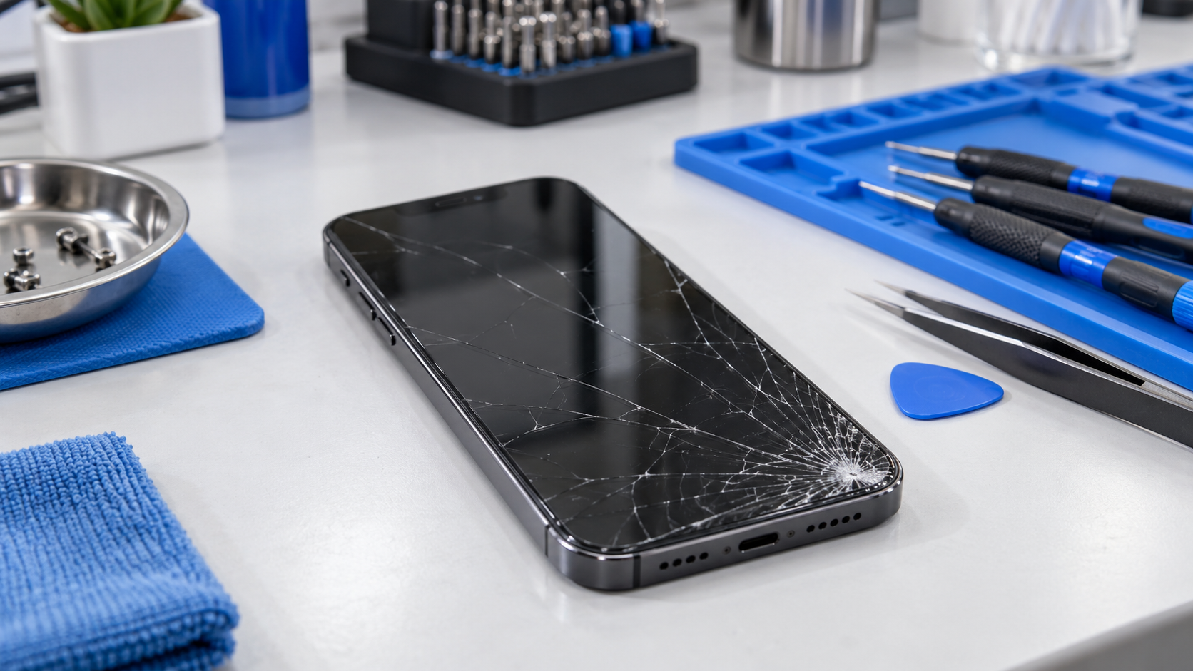Cracked smartphone screen ready for repair on a clean workbench