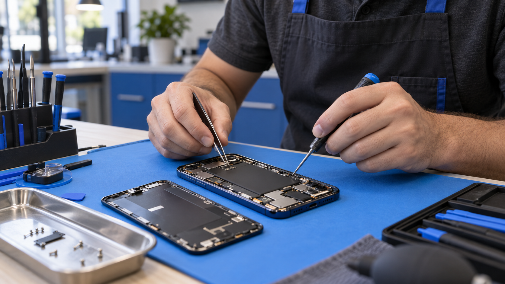 Technician inspecting smartphone components during a precision repair